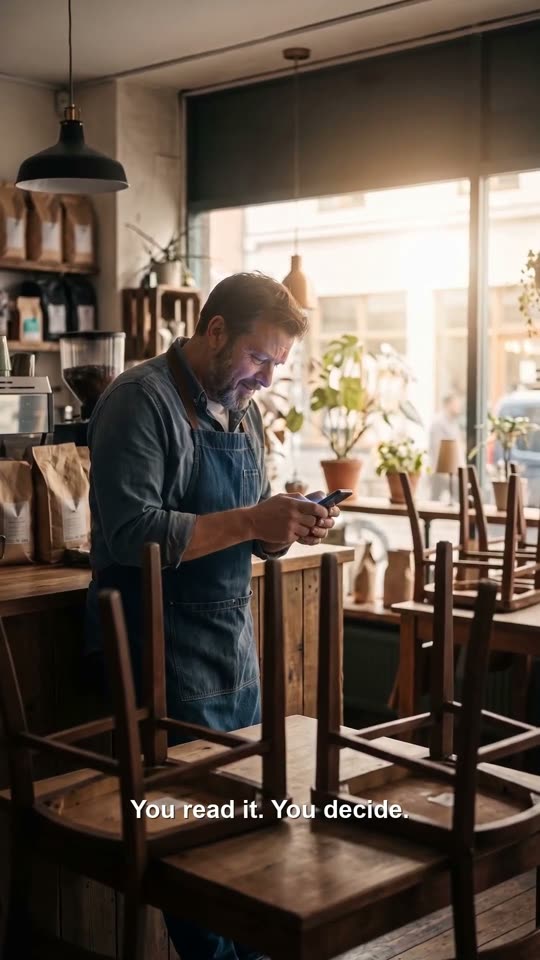Still from a 43 Sunsets short — a café owner reading an AI-drafted reply on his phone
